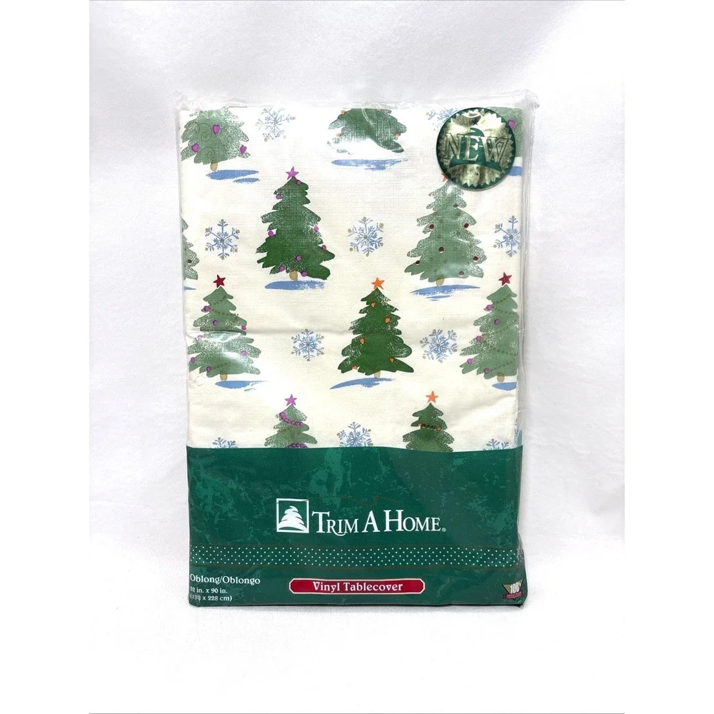 VTG Trim a Home Christmas Vinyl Tablecover 52x90 Oblong Holiday 90s Tree NOS